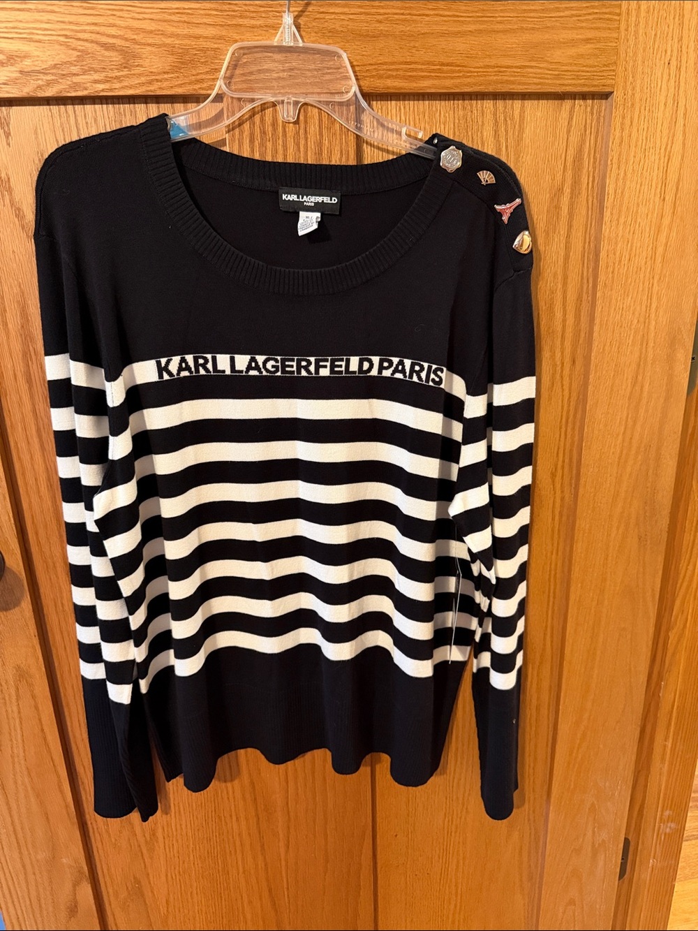 Karl Lagerfeld Black and White Striped Logo Sweater with Shoulder Buttons